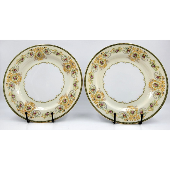 P.B. Japan Charm 9 7/8" Dinner Plate Floral Scroll Gold Trim 1950s Set of 2 - Picture 3 of 8